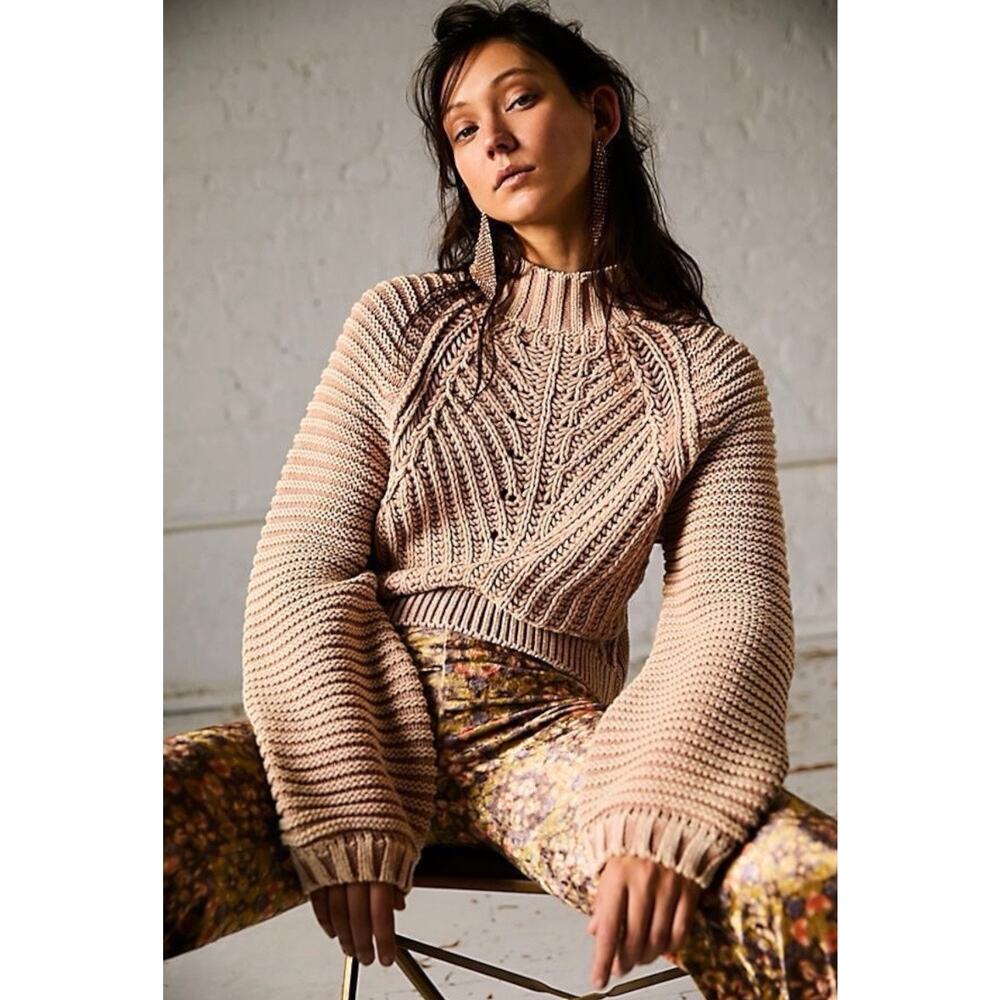 Free People Sweetheart Chunky Knit Mock Neck Oversized Sweater Small Tan Nude